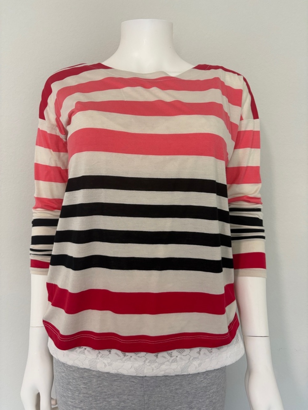 NWT $45 Ann Taylor Loft XXS Striped Boatneck Long-Sleeve Top Red, Black & Cream